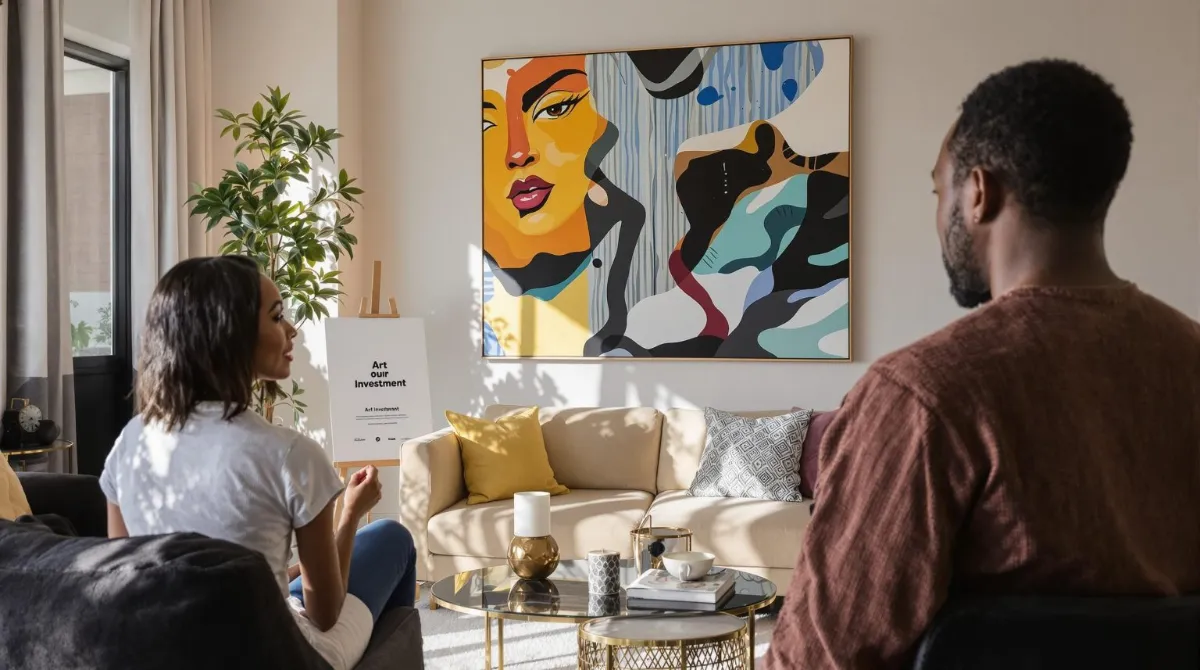 Couple admiring South African art in luxury home with 'Art Investment' signage