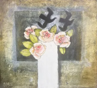 Twee duiwe en rose by Michael Heyns 410 x 470mm