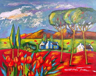 Red tulips in a landscape by Giorgio Trobec 400 x 500mm