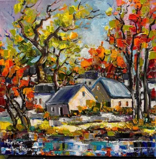 Houses with trees by Marlise Le Roux 300 x 300 mm by Marlise Le Roux