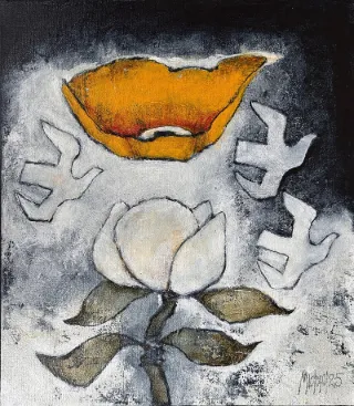 Yellow poppy, magnolia & 3 doves by Michael Heyns 400 x 350mm