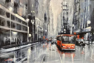 Bus Street Scene by Stan Polson 600 x 900mm