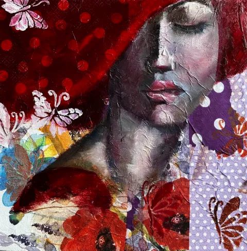 Red Hat - Mixed-Media on Canvas by Cornelie Wolff