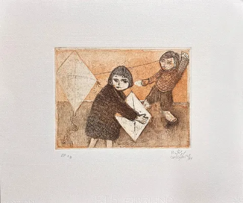 Kids with kites AP Etching By Pieter van der Westhuizen 180 x 220mm