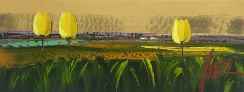 Yellow Tulips Landscape Acrylic Painting by Munro