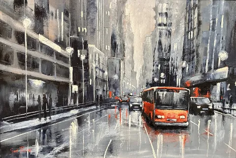 Bus Street Scene by Stan Polson 600 x 900mm