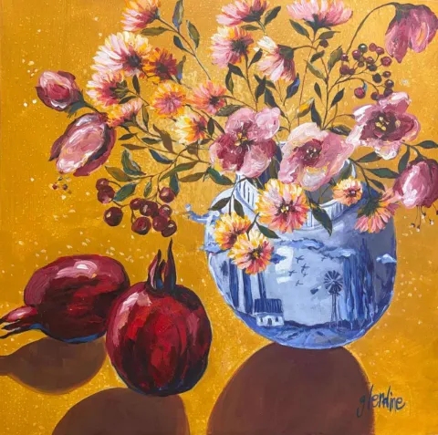 Delft and pomegranates by Glendine 400 x 400 mm by Glendine