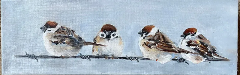 Sparrows on a Wire – Original Oil Painting by Cornelie Wolff