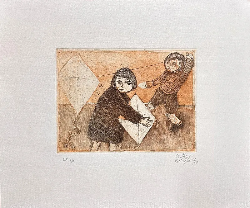 Kids with kites AP Etching By Pieter van der Westhuizen 180 x 220mm