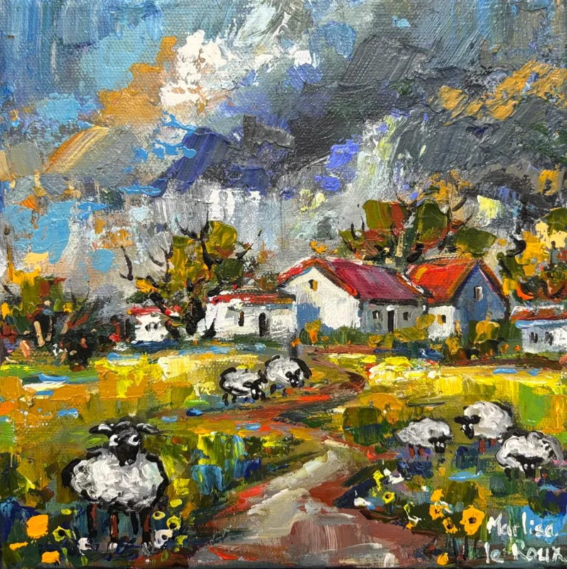 Sheep in a landscape by Marlise Le Roux 200 x 200 mm by Marlise Le Roux