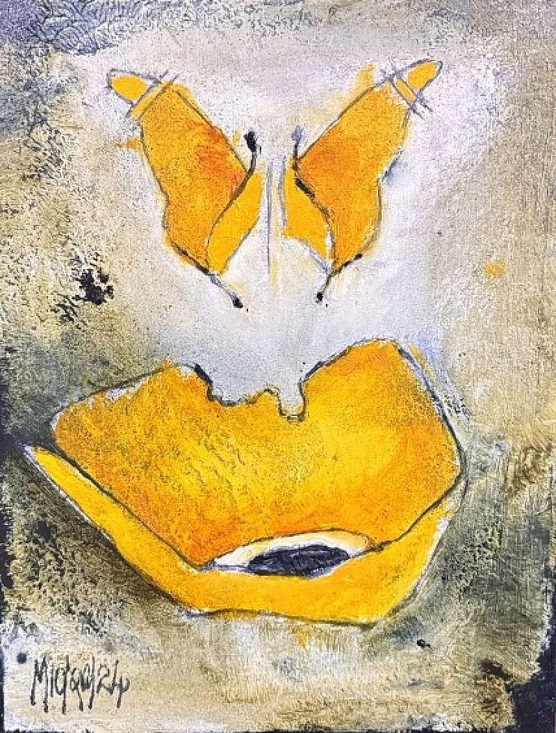 Butterfly and poppy in yellow by Michael Heyns 250 x 200mm