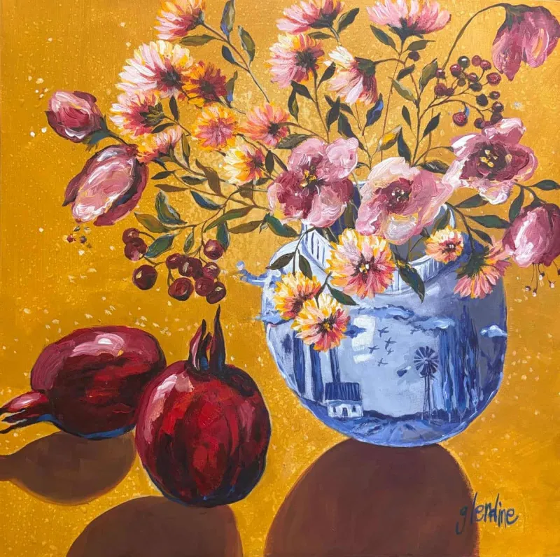 Delft and pomegranates by Glendine 400 x 400 mm by Glendine