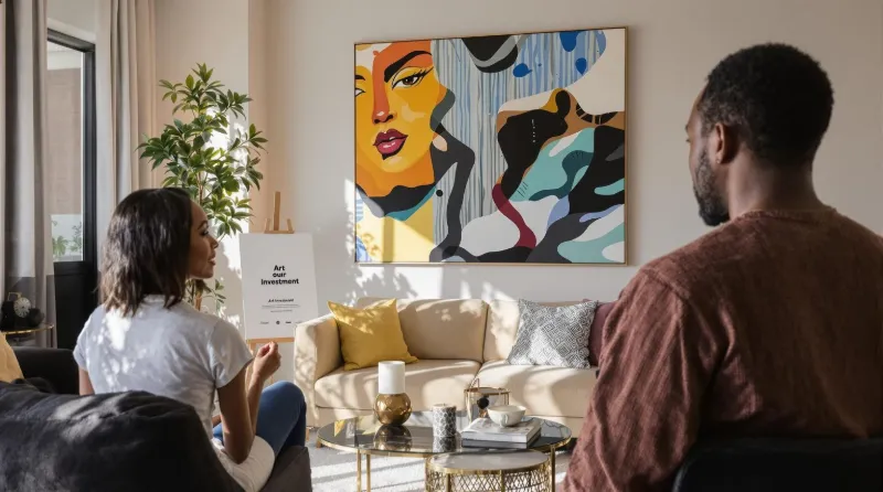 Couple admiring South African art in luxury home with 'Art Investment' signage