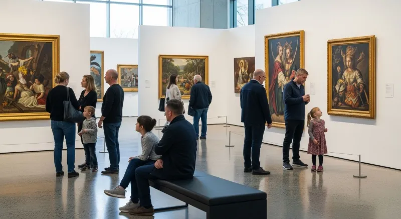 Art Subjects: art gallery, diverse art subjects, human interaction