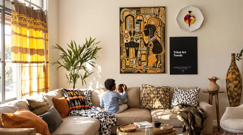 Modern home with South African tribal art, family admiring decor