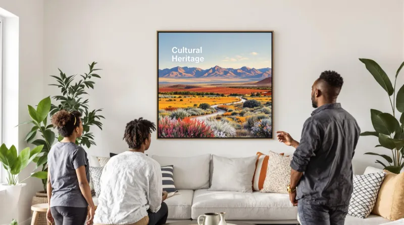 People admiring South African landscape art in a sunlit modern home