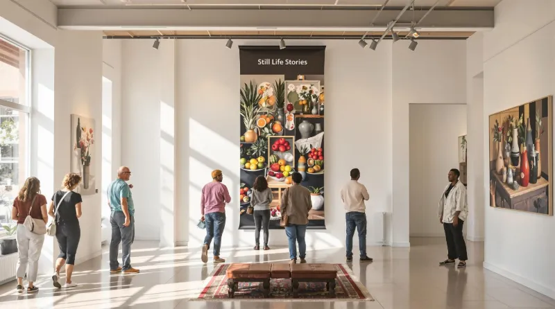 South African gallery visitors viewing vibrant still life paintings with exhibition banner