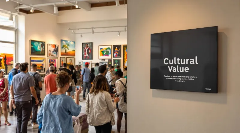 South African art gallery with diverse visitors and 'Cultural Value' signage